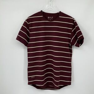 BYLT Drop Cut short sleeve shirt knit maroon burgundy stripe stretch men Large